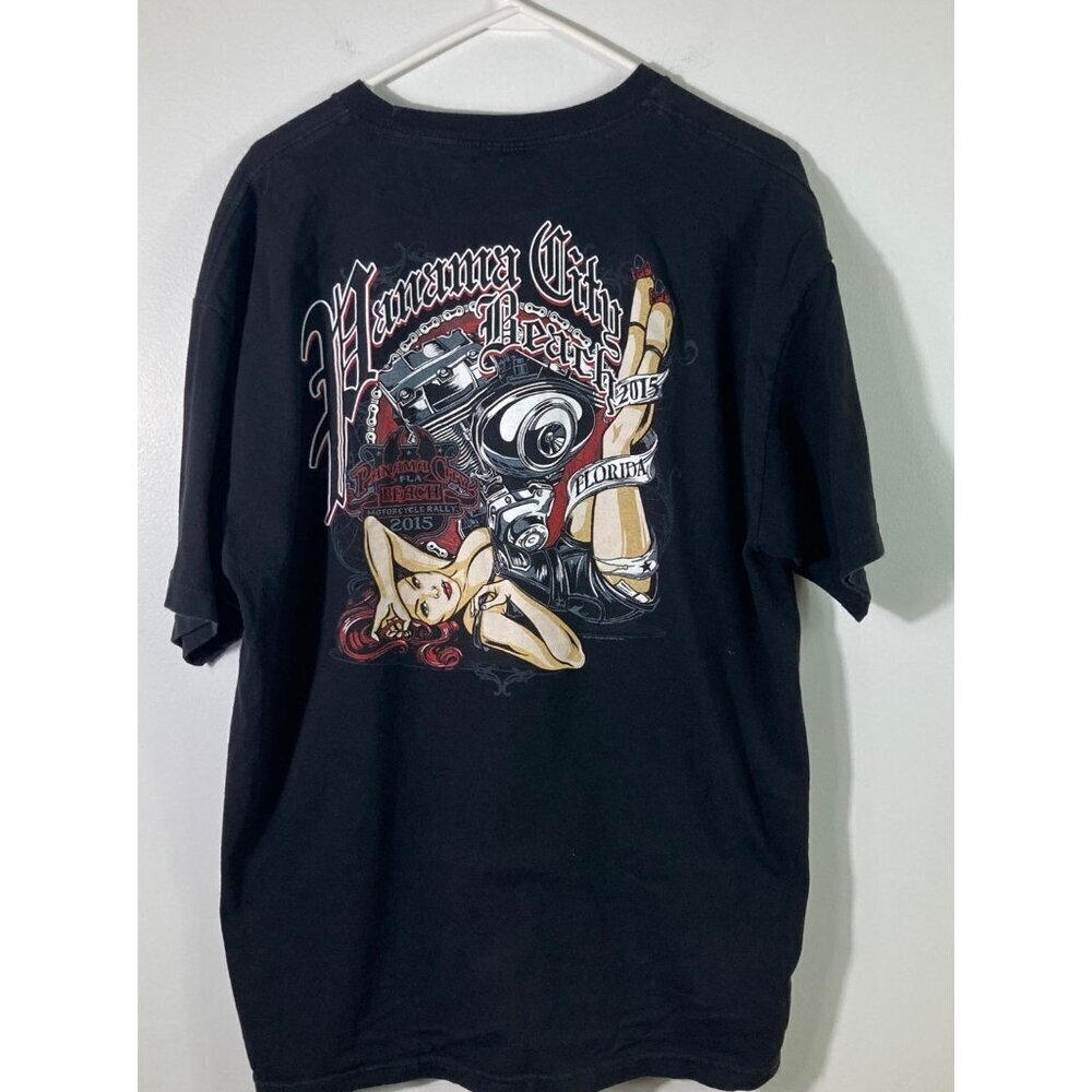 Mens Panama City Beach Florida 2015 Motorcycle Week Tee Black Pin Up Girl XL